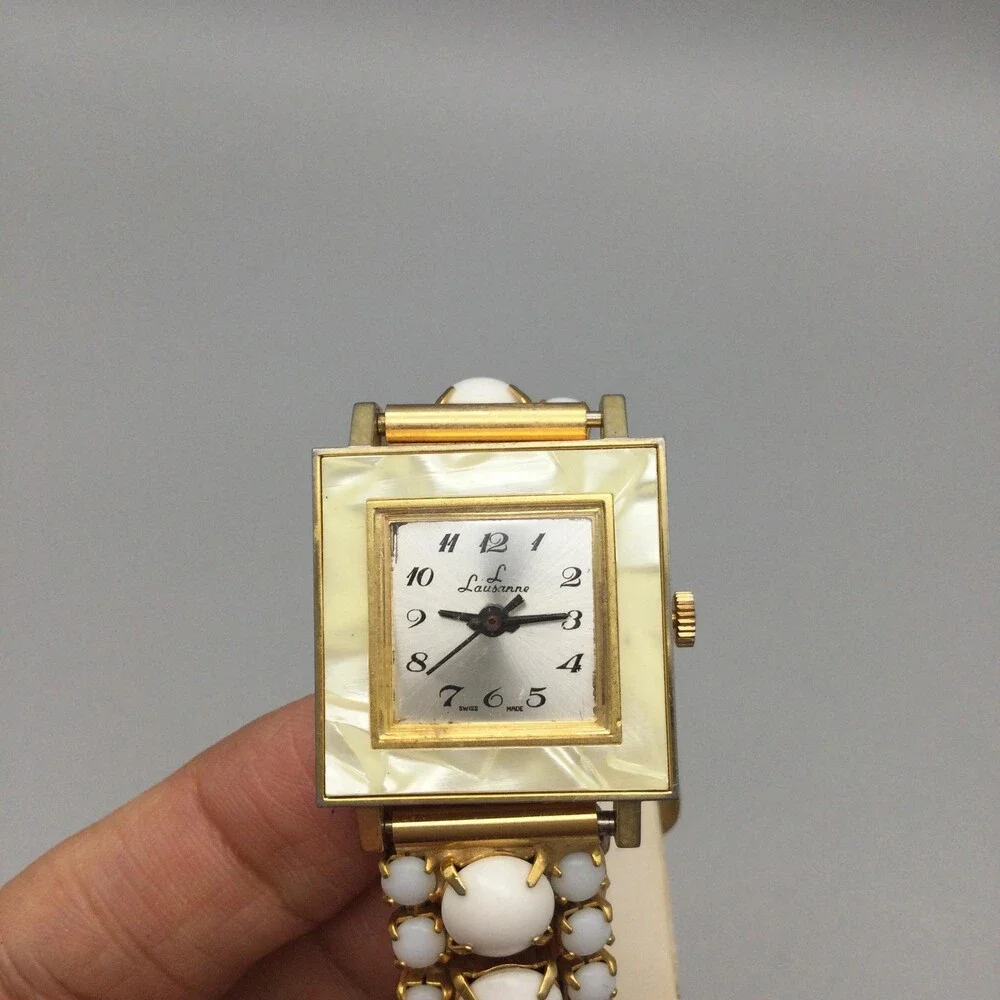 Vintage Lausanne Womens Watch 26mm Gold Tone MOP Dial Cabochon Manual Wind